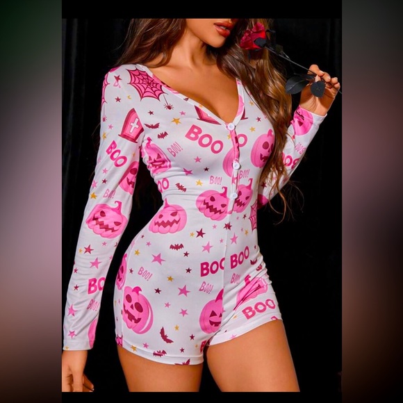 SHEIN Pink Pumpkin Halloween Spooky Season Comfy Sexy Pajama Long-Sleeve Romper - Picture 1 of 7